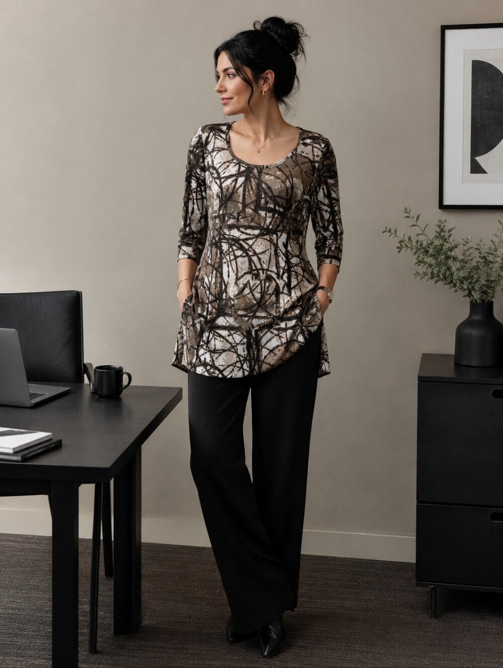 Joseph Ribkoff Burnout Mesh Tunic Top Abstract Branch Print Brown Beige Size 12